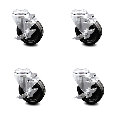 Service Caster 4 Inch Phenolic Wheel Swivel Bolt Hole Caster Set with Brake SCC-BH20S414-PHR-TLB-4